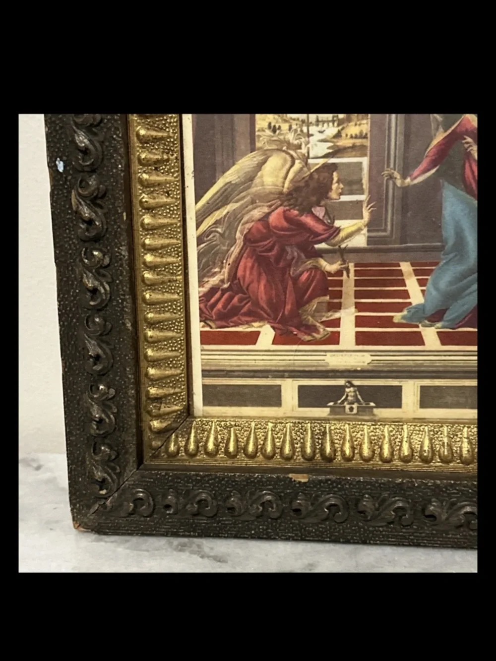 Antique Cestello Annunciation, by Sandro Botticelli Print Framed Carved Wood
